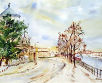 Aquarell | 30 x 40 cm | Preis: 85 € | #718 Torgau - Blick zur Elbe mit Elbtor (Aquarell)