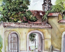 Aquarell | 30 x 40 cm | Preis: 85 € | #911 Diesbar-Seußlitz - Kirche mit angrenzendem Friedhof (Aquarell)