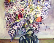 Aquarell | 36 x 48 cm | Preis: 100 € | #157 Flieder mit Tulpen (Aquarell)