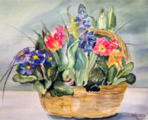 Aquarell | 36 x 48 cm | Preis: 125 € | #162 Frühblüher im Körbchen (Aquarell)