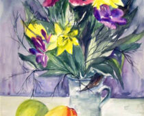 Aquarell | 36 x 48 cm | Preis: 80 € | #166 Frühlingsblumen mit Äpfeln (Aquarell)