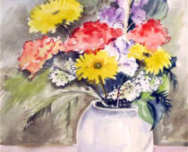 Aquarell | 36 x 48 cm | Preis: 100 € | #197 Gerbera mit weißem Topf (Aquarell)