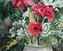 Aquarell | 30 x 60 cm | Preis: 125 € | #777 Rote Blüte im Tontopf (Aquarell)