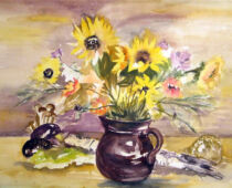 Aquarell | 36 x 48 cm | Preis: 80 € | #436 Sonnenblume in braunem Krug (Aquarell)