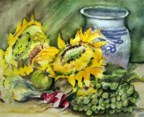 Aquarell | 36 x 48 cm | Preis: 125 € | #438 Sonnenblumen und Tonkrug (Aquarell)