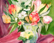 Aquarell | 40 x 40 cm | Preis: 85 € | #517 Tulpen mit Vase und rotem Tuch (Aquarell)