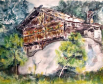 Aquarell | 36 x 48 cm | Preis: 100 € | #521 Südtirol - Ultental - Haus auf Stein (Aquarell)