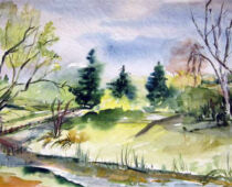 Aquarell | 40 x 80 cm | Preis: 85 € | #33 Torgau - Am Großen Teich - Blick zum Entenfang (Aquarell)