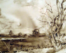 Aquarell Sepia | 25 x 25 cm | Preis: 75 € | #55 An der Elbe bei Torgau (Aquarell Sepia)