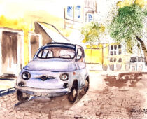 Aquarell | 18 x 24 cm | Gastgeschenk Hochzeit | #966 Fiat 500 (nachempfunden) (Aquarell)