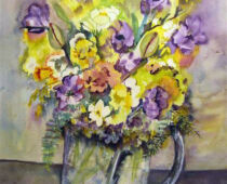 Aquarell | 36 x 48 cm | Preis: 125 € | #186 Gelbe und lila Blüten im Glaskrug (Aquarell)