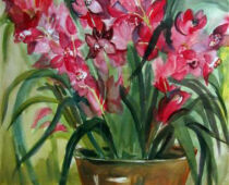 Aquarell | 36 x 48 cm | Preis: 125 € | #731 Rote Blüten im Topf (Aquarell)