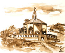 Aquarell Sepia| 18 x 24 cm | Gastgeschenk Hochzeit | #1010 Santa María de Eunate - Spanien (nachempfunden) (Aquarell)