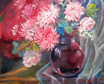 Öl auf Hartfaser | 40 x 50 cm | Preis: 150 € | #607 Dahlien in Vase und Tuch (Öl auf Hartfaser)