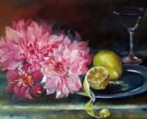 Öl auf Hartfaser | 40 x 70 cm | Preis: 150 € | #608 Dahlienblüten und Zitronen (Öl auf Hartfaser)