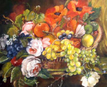 Öl auf Hartfaser | 45 x 45 cm | Preis: 250 € | #615 Früchtekorb mit Blüten (Öl auf Hartfaser)