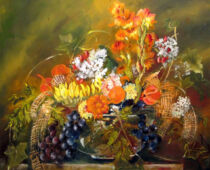 Öl auf Hartfaser | 40 x 50 cm | Preis: 175 € | #628 Korb mit Früchten und Gladiolen (Öl auf Hartfaser)