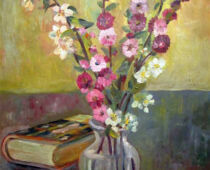 Öl auf Hartfaser | 30 x 40 cm | Preis: 85 € | #630 Mandelröschen und Buch (Öl auf Hartfaser)