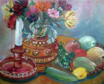 Tempera | 40 x 50 cm | Preis: 125 € | #801 Stillleben mit Obstschale und Vase mit Blumen (Tempera)